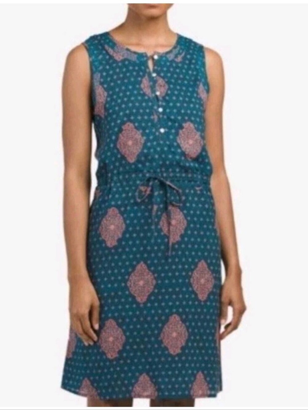 Lucky Brand Sleeveless Bohemian Tie Waist Midi TealPink Lined Dress Modal Sz L